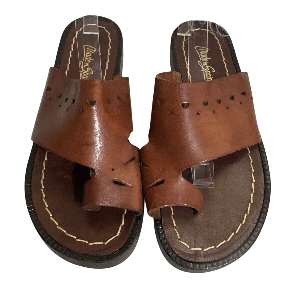 Made in Spain Brown Leather Toe Loop Sandals Laser Cut Slide EU 38 Womens